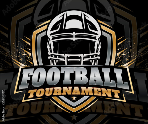 Dynamic American Football Tournament Logo with Helmet and Metallic Gold-Silver Shield.