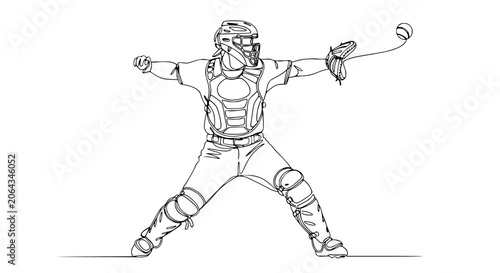 Obraz na plátně Baseball Catcher Throwing Ball, One Line Drawing