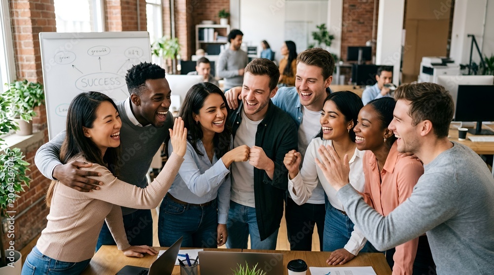 Obraz premium Diverse team celebrating success, high five, office collaboration, happy faces, teamwork