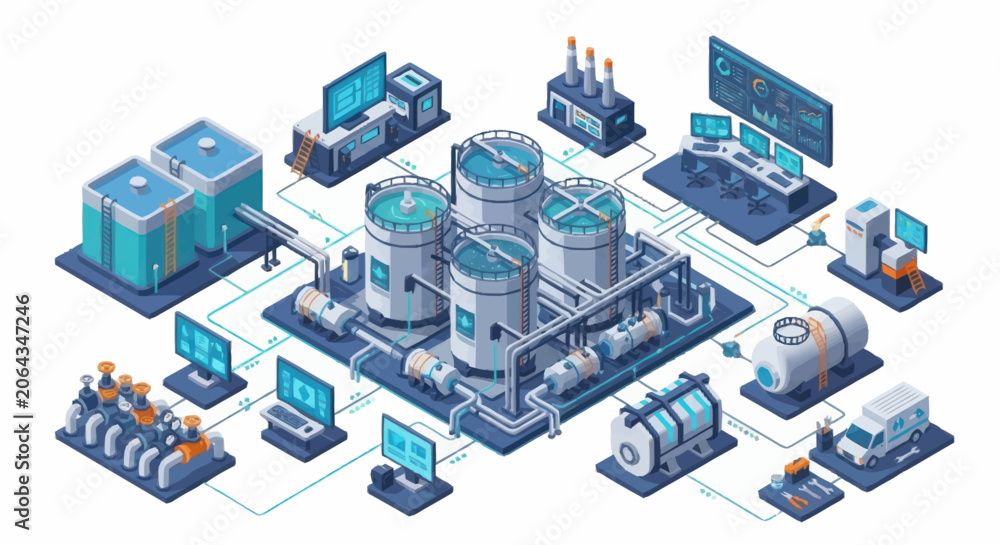 Fototapeta premium Modern industrial factory complex with advanced technology and automation systems.