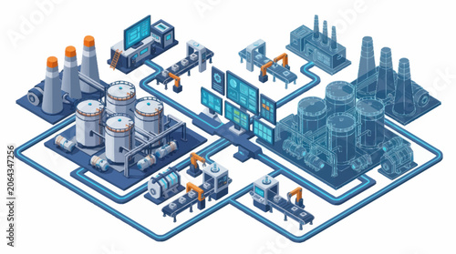 Modern Industrial Factory Complex with Automated Machinery and Control Systems.