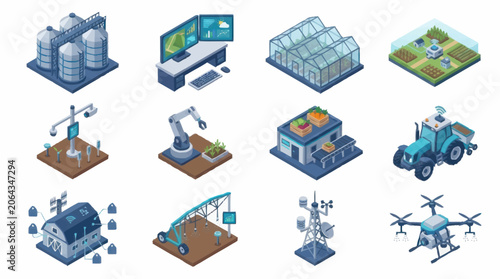 Modern Smart Farming Technology Icons Set Isometric Vector Illustration.