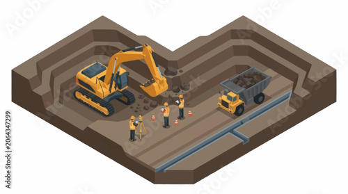 Open pit mine with excavator and dump truck working together.