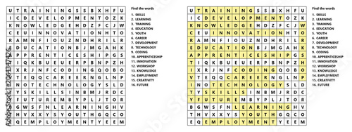 Word search puzzle for World Youth Skills Day with hidden words and answers for children and adults, Printable Logic game for learning English  