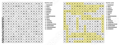 Word search puzzle for International Day of Friendship with hidden words and highlighted answers , Printable educational logic game