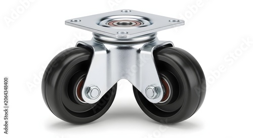 Fototapeta kuchenna Front view of twin wheel swivel caster isolated on white background.