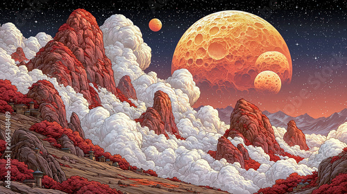 Surreal alien landscape with massive orange planets and red mountains