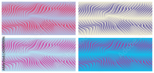 Colorful vibrant pop art vector illustration set with warped grid pattern and wavy lines.