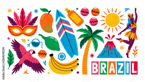 Obraz na plátně Colorful brazil carnival celebration with tropical fruits and party elements