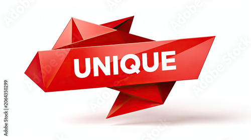A striking red origami banner boldly proclaims UNIQUE, conveying a message of distinctiveness and individuality with sharp, geometric folds against a clean backdrop.
