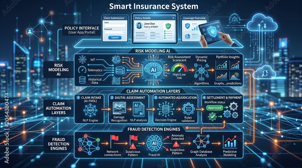 Fototapeta premium Smart Insurance System Integrating AI for Risk and Claims Automation