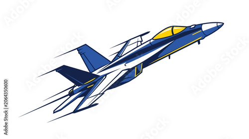 Konstfotografi A blue and white fighter jet with yellow accents flying to the right against a plain white background