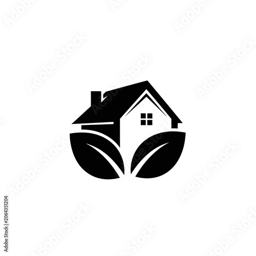 Minimalist black house and leaf logo icon on white