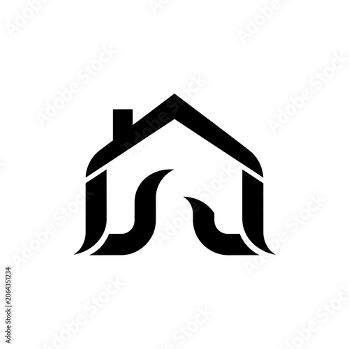 Minimalist black house icon with stylized internal wave shapes