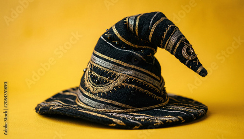 Black and gold wizard hat on yellow background  