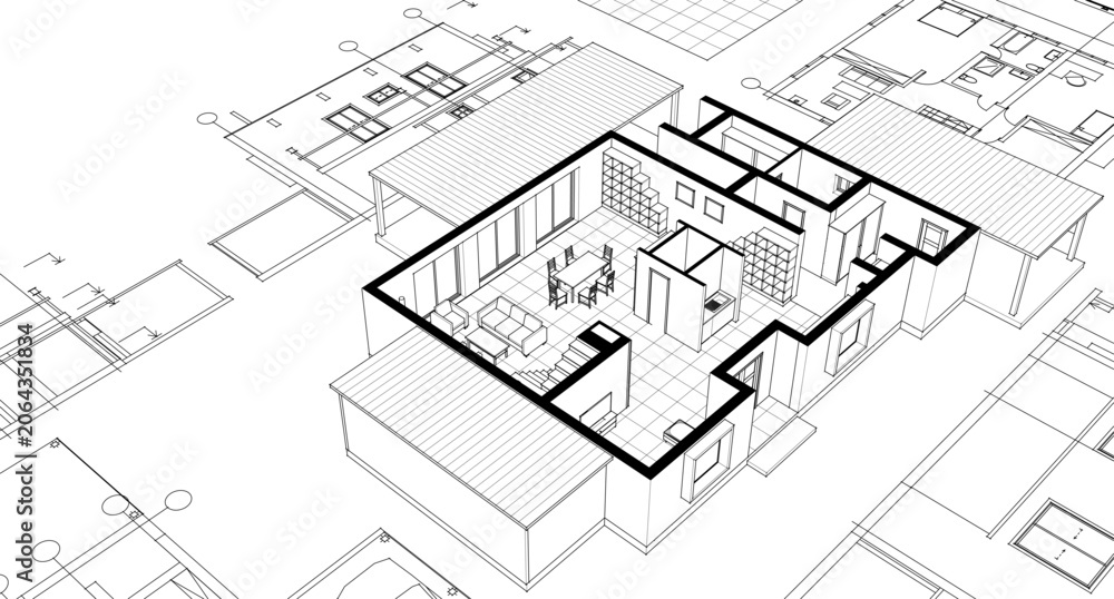 Fototapeta premium residential house architectural sketch 3d illustration