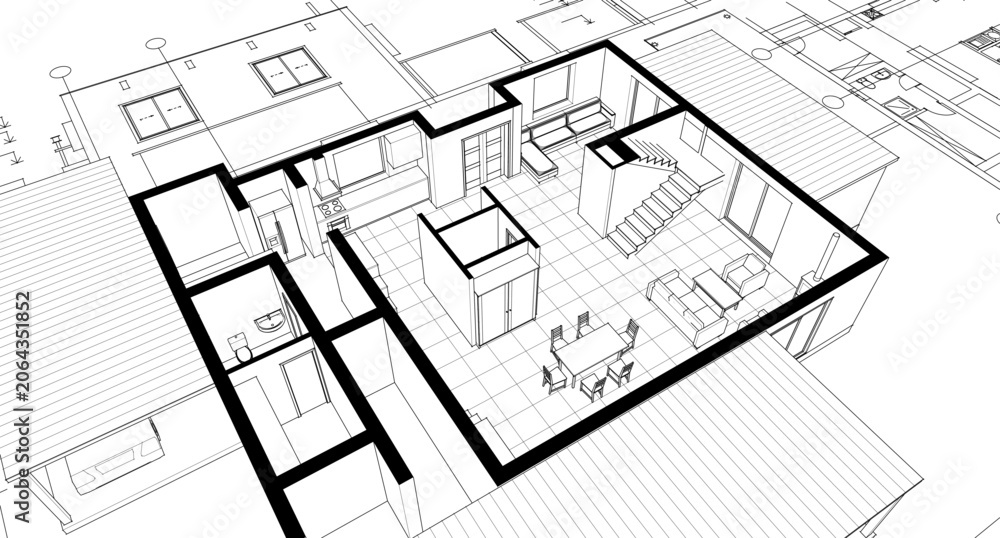 Fototapeta premium residential house architectural sketch 3d illustration