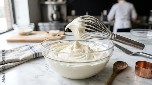 Rich cream being whipped to fluffy peaks in a clear bowl with a metal whisk in a home kitchen