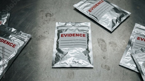 Evidence Envelope Sealed with Foil Evidence Packets on a Metallic Tabletop, Forensic Concept with Documentation Details and Confidentiality-Style