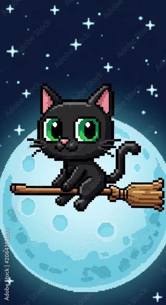 Naklejka premium Cute black cat on broomstick against full moon with starry night background for halloween