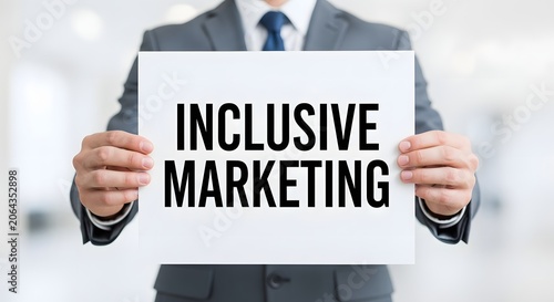 Businessman holding white sign board with inclusive marketing text message.