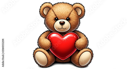 Brown teddy bear holding a shiny red heart love