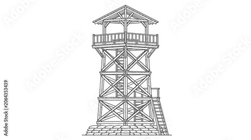 Konstfotografi A detailed line drawing of a tall metal fire lookout tower with a railed observation deck and stairs on a brick base