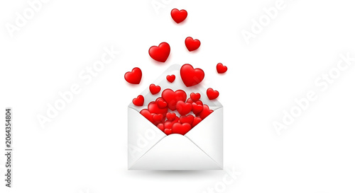 White envelope spilling red hearts against white background