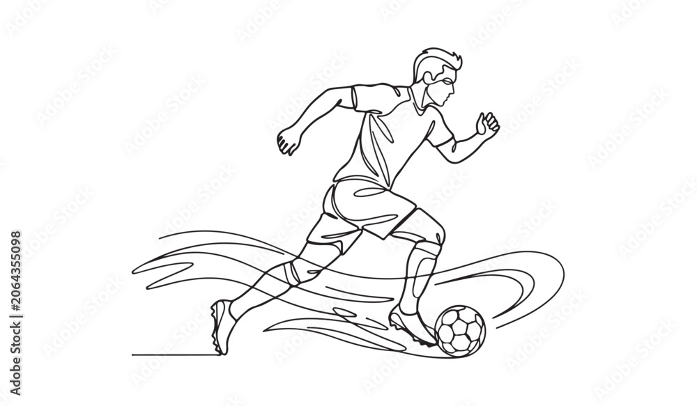Obraz premium Soccer player running with ball continuous line art vector illustration isolated on white background.