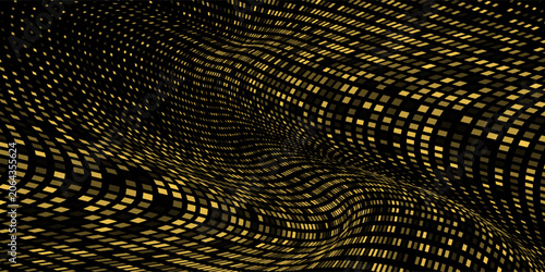Gold halftone on black background. Vector golden glitter with dotted sparkles or halftone dots texture Pop Art good