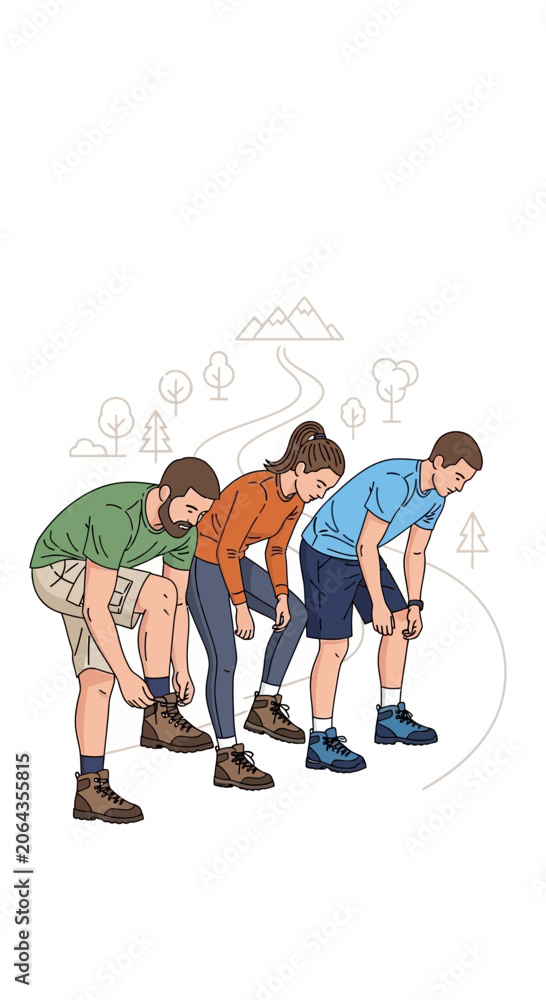 Fototapeta premium Outdoor Adventure Preparation Three Friends Tying Hiking Boots Ready For Trail Exploration