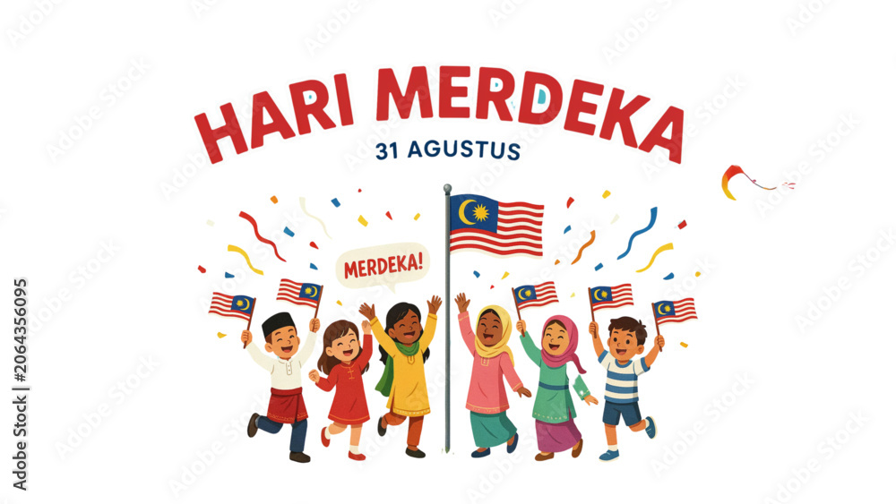 Fototapeta premium Happy diverse children celebrating malaysian independence day with flags and colorful decorations