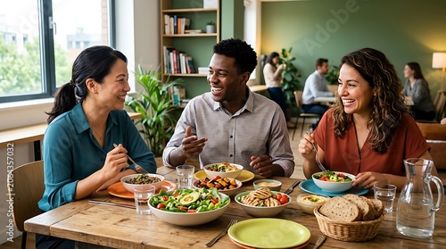 Diverse Coworkers Enjoying Healthy Lunch in Office Canteen