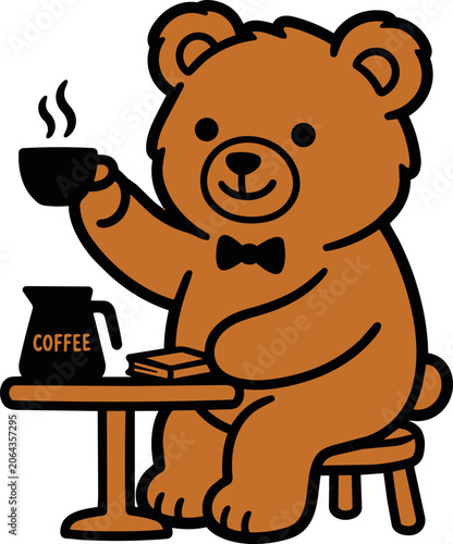 Cute cartoon teddy bear sitting at a small table, holding a steaming cup of coffee and wearing a bow tie, simple vector illustration isolated on white background