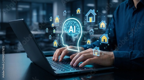 AI-powered automated real estate analytics and property valuation. Intelligent property management and AI-powered property investment. Man using laptop computer. 
