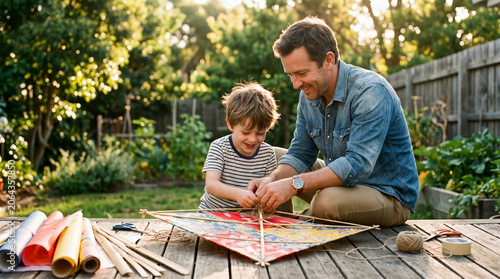 Father and son are assembling a kite while smiling together in the backyard of the house 