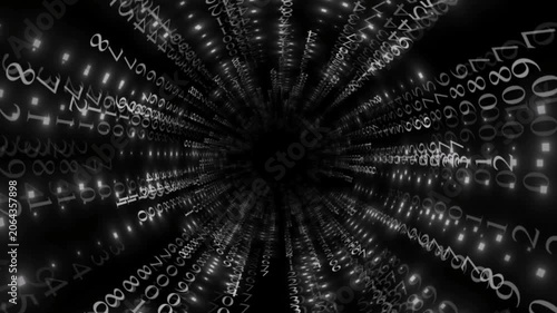 A monochrome (black and white) abstract loop animation featuring a visualization of an endless tunnel formed from a series of continuously moving and glowing digital numbers.