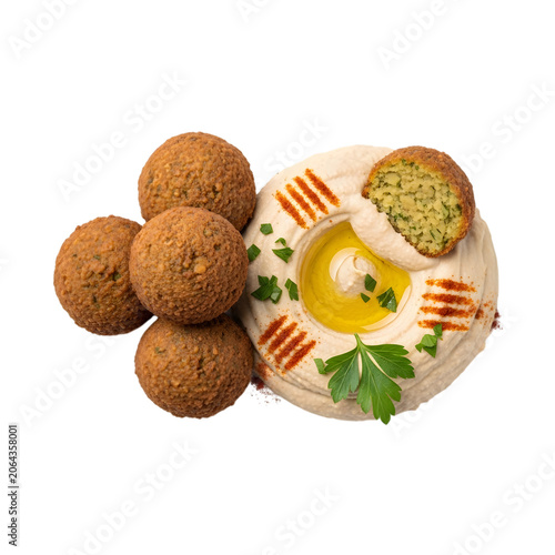 Mediterranean falafel with hummus, garnished with paprika, olive oil, and parsley, top view on a blank background.