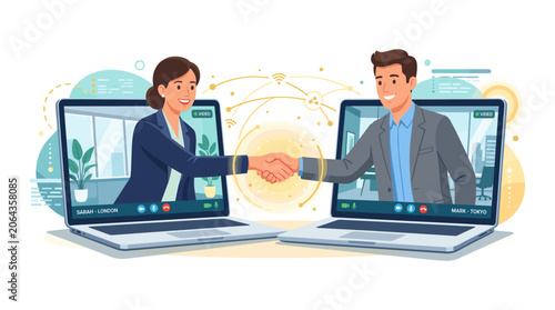 Business partners shaking hands through laptop screens during virtual conference with handshake, conference