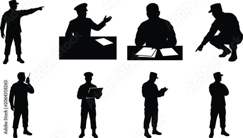 Fotografie Security Personnel Silhouette Set with Patrol Inspection and Communication Activ