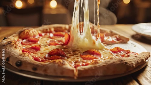 Hot pepperoni pizza with melted cheese pull