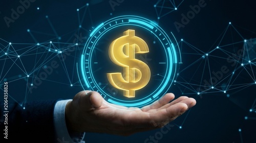 USD stablecoin or digital dollar. Cryptocurrency tokens on blockchain networks. Business person holding $ sign. 