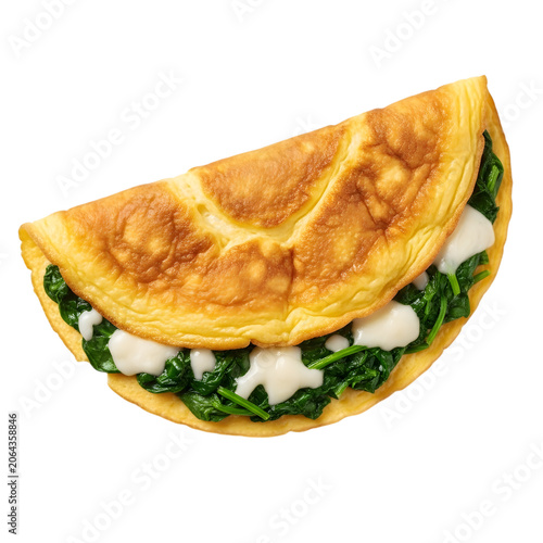 Spinach and mozzarella cheese omelette folded top view on transparent background.