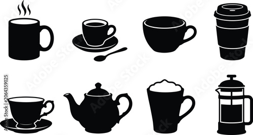 Foto Coffee and Tea Drinkware Silhouette Set with Cups and Teapot