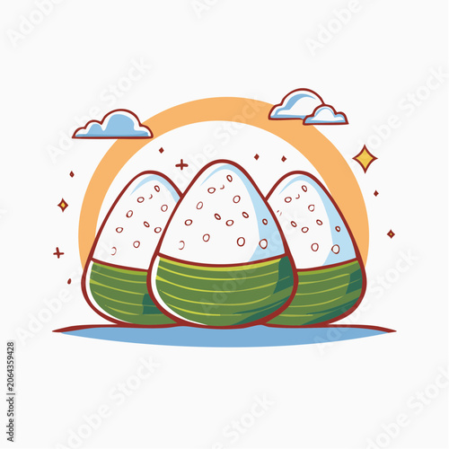 Cute Cartoon Onigiri with Clouds and Sun