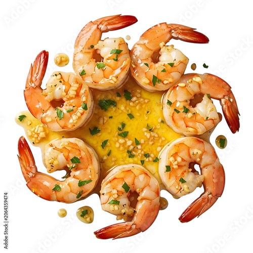 Shrimp scampi with garlic butter sauce and fresh parsley in circular arrangement.