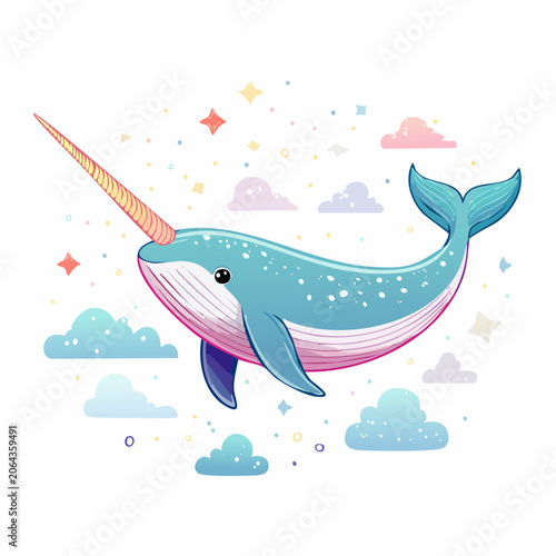 Cute Narwhal Illustration with Stars and Clouds