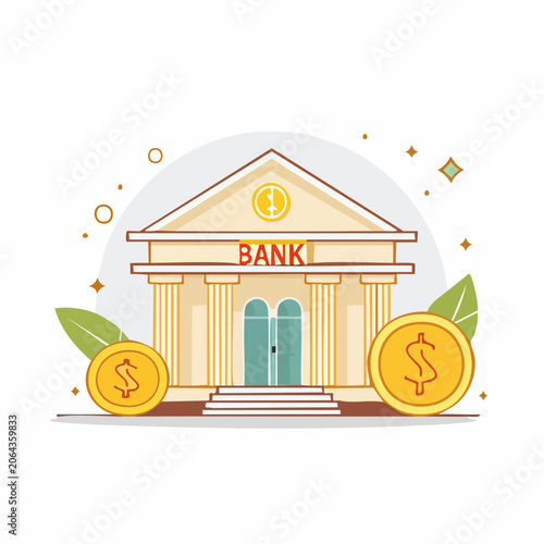 Bank Building with Coins and Dollar Sign