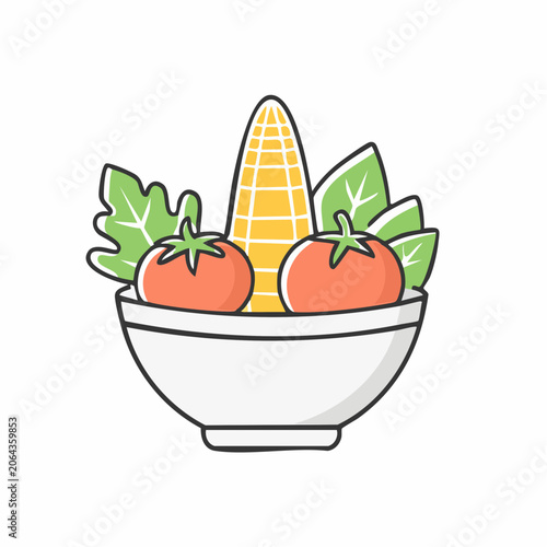 Bowl of fresh vegetables: corn, tomatoes, and lettuce