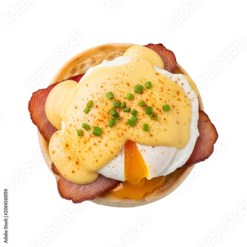 Classic eggs benedict with hollandaise sauce and canadian bacon on english muffin.